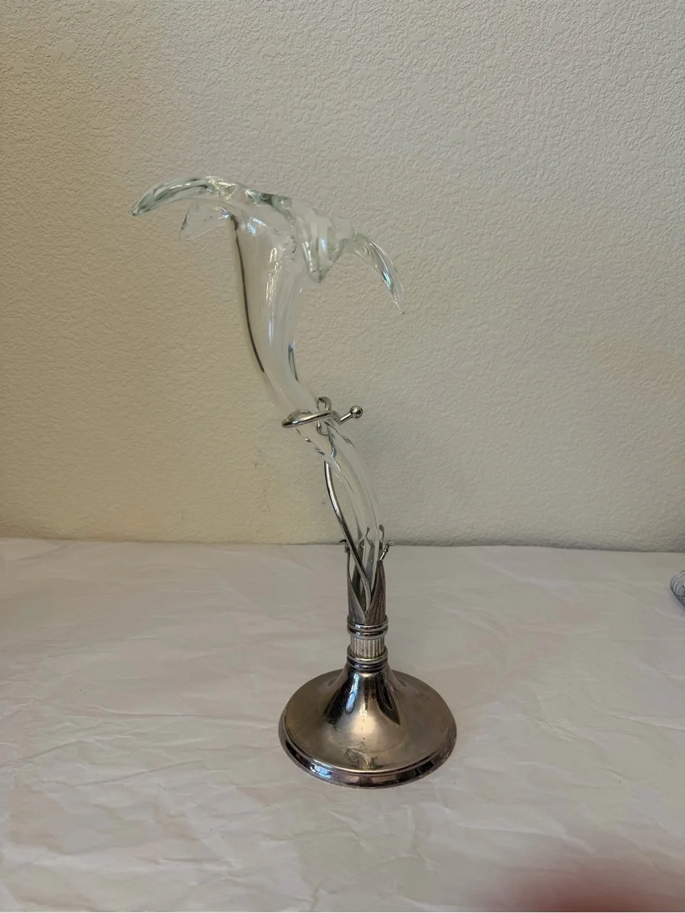 Vintage Clear Glass lily in bloom Vase with patina Silver-Tone Base patina